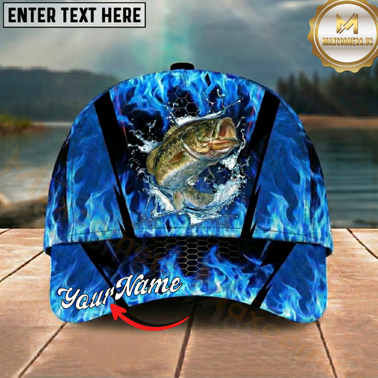 Maxcorners Fishing Cap Blue Flame Bass Design Multicolor Options Personalized Name (12 Fish Species)