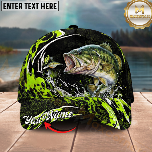 Maxcorners Fishing Cap Neon Green Splash Design Multicolor Options Personalized Name (12 Fish Species)