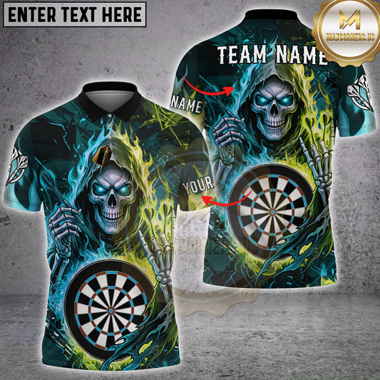 Maxcorners Darts Grim Reaper Neon Fire Skull Blue Pink Lightning Personalized Name, Team Name 3D Shirt (4 Colors)