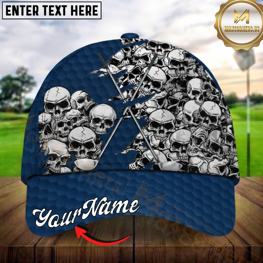 Maxcorners Golf Skull Collage Distressed Blue Design Personalized Name 3D Cap