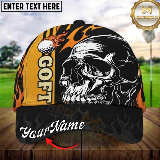 Maxcorners Golf Flaming Golf Ball Skull Artwork Personalized Name 3D Cap