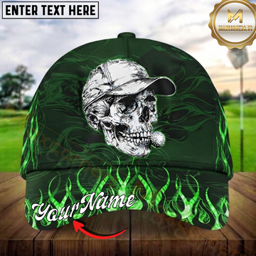 Maxcorners Golf Skull Golfer Green Flame Artwork Personalized Name 3D Cap