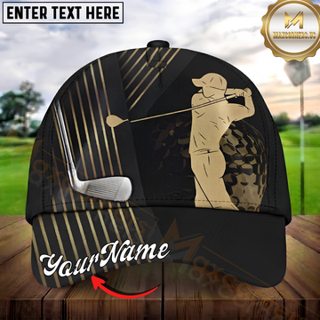 Maxcorners Golf Swing Silhouette Black Gold Luxury Design Personalized Name 3D Cap