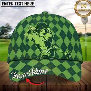 Maxcorners Golf Swing Silhouette Green Argyle Pattern Personalized Name 3D Cap