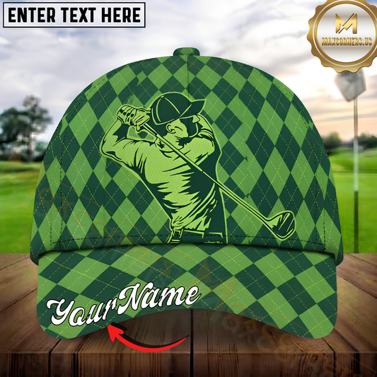 Maxcorners Golf Swing Silhouette Green Argyle Pattern Personalized Name 3D Cap