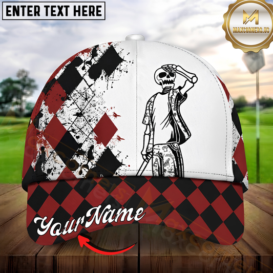 Maxcorners Golf Skeleton Golfer Grunge Argyle Design Personalized Name 3D Cap