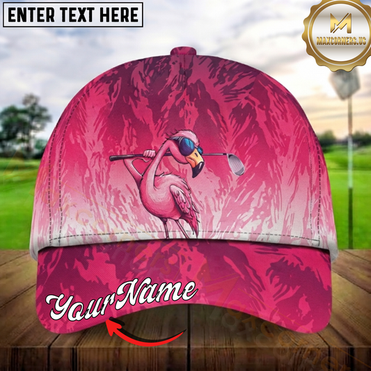 Maxcorners Golf Flamingo Golfer Tropical Pink Artwork Personalized Name 3D Cap