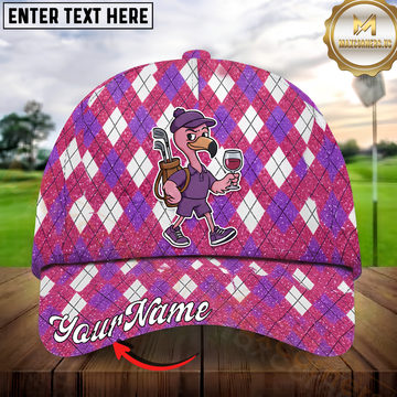 Maxcorners Golf Flamingo Golfer Glitter Argyle Pattern Personalized Name 3D Cap