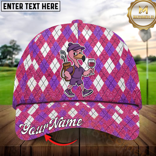Maxcorners Golf Flamingo Golfer Glitter Argyle Pattern Personalized Name 3D Cap