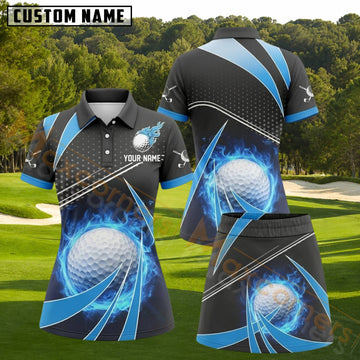 Maxcorners Blue Flame Golf Ball Personalized Name 3D Golf Shirt and Golf Skirt