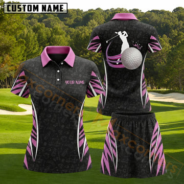 Maxcorners Black Pink Golf Ball Lady Golfer Personalized Name 3D Golf Shirt and Golf Skirt