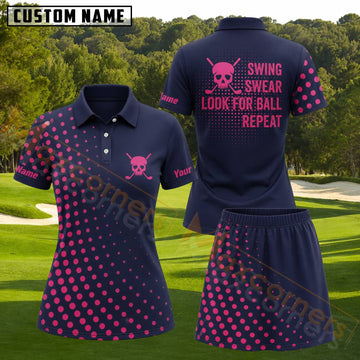 Maxcorners Navy Blue Pink Polka Dot Skull Golf Personalized Name 3D Golf Shirt and Golf Skirt