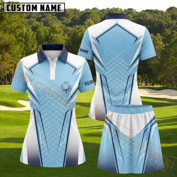 Maxcorners Light Blue White Geometric Golf Ball Personalized Name 3D Golf Shirt and Golf Skirt