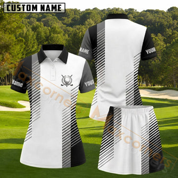 Maxcorners Black White Gray Geometric Stripe Golf Personalized Name 3D Golf Shirt and Golf Skirt