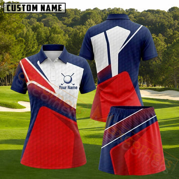 Maxcorners Navy Blue Red White Geometric Golf Personalized Name 3D Golf Shirt and Golf Skirt