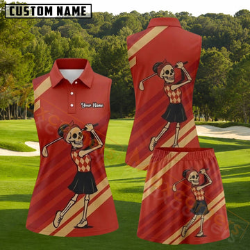 Maxcorners Red Beige Skeleton Lady Golfer Personalized Name 3D Golf Shirt and Golf Skirt
