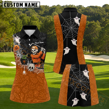 Maxcorners Black Orange Halloween Ghost Spider Web Skeleton Golfer Personalized Name 3D Golf Shirt and Golf Skirt
