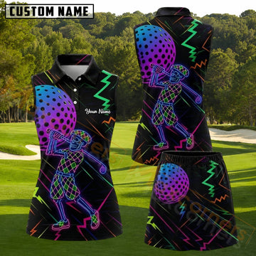 Maxcorners Black Neon Rainbow Skeleton Golfer Personalized Name 3D Golf Shirt and Golf Skirt
