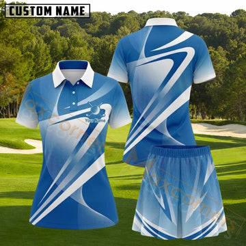 Maxcorners Blue White Abstract Geometric Golf Personalized Name 3D Golf Shirt and Golf Skirt