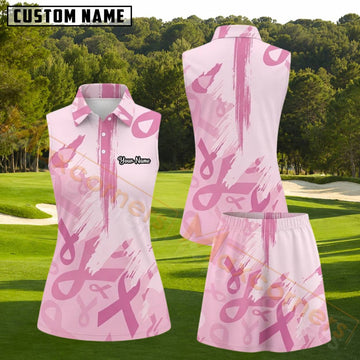 Maxcorners Pink Breast Cancer Awareness Ribbon Brushstroke Personalized Name 3D Golf Shirt and Golf Skirt