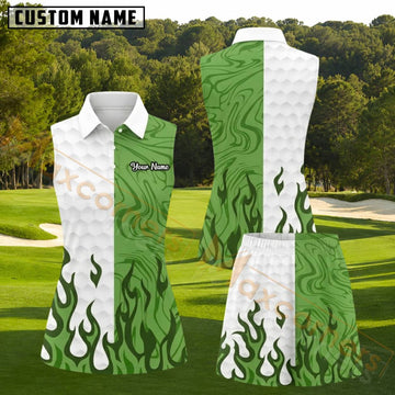 Maxcorners Green White Marble Flame Personalized Name 3D Golf Shirt and Golf Skirt