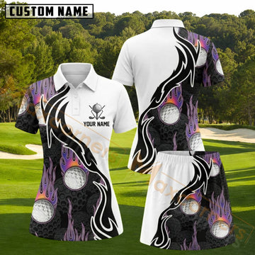 Maxcorners White Black Purple Flame Golf Ball Personalized Name 3D Golf Shirt and Golf Skirt