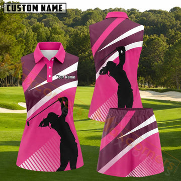 Maxcorners Hot Pink Burgundy White Female Golfer Silhouette Personalized Name 3D Golf Shirt and Golf Skirt