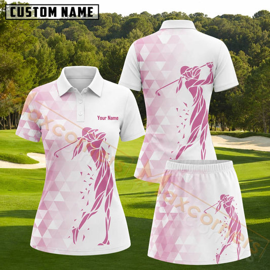 Maxcorners White Pink Geometric Female Golfer Personalized Name 3D Golf Shirt and Golf Skirt
