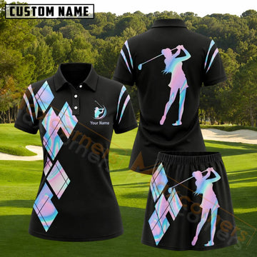 Maxcorners Black Pastel Rainbow Argyle Female Golfer Personalized Name 3D Golf Shirt and Golf Skirt