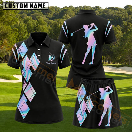 Maxcorners Black Pastel Rainbow Argyle Female Golfer Personalized Name 3D Golf Shirt and Golf Skirt