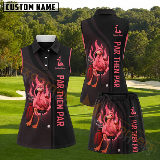 Maxcorners Black Pink Flamingo Par Then Par Personalized Name 3D Golf Shirt and Golf Skirt