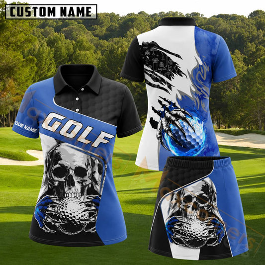 Maxcorners Blue Black White Skull Claw Golf Ball Personalized Name 3D Golf Shirt and Golf Skirt
