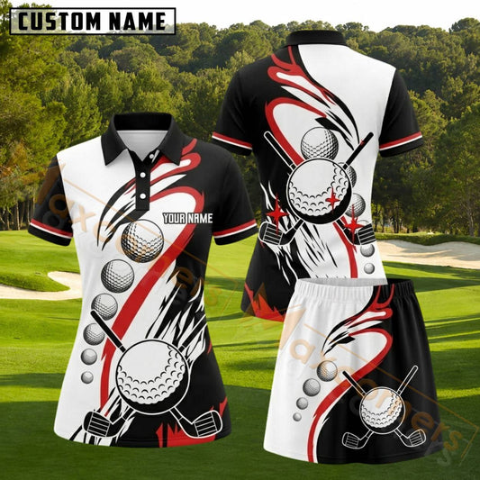 Maxcorners Black White Red Golf Ball and Club Swirl Personalized Name 3D Golf Shirt and Golf Skirt