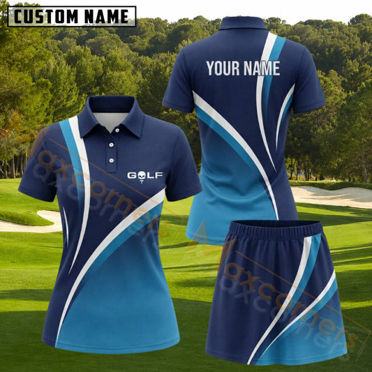 Maxcorners Navy Blue Cyan White Abstract Stripe Golf Personalized Name 3D Golf Shirt and Golf Skirt