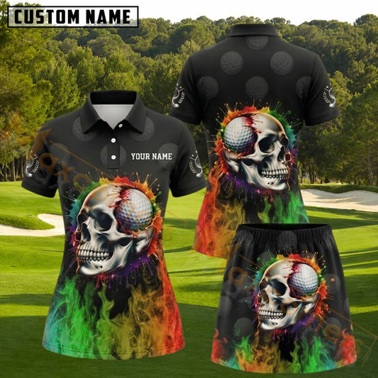 Maxcorners Black Rainbow Flame Skull Golf Ball Personalized Name 3D Golf Shirt and Golf Skirt