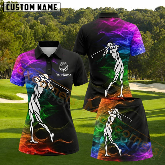 Maxcorners Black Rainbow Smoke Female Golfer Personalized Name 3D Golf Shirt and Golf Skirt