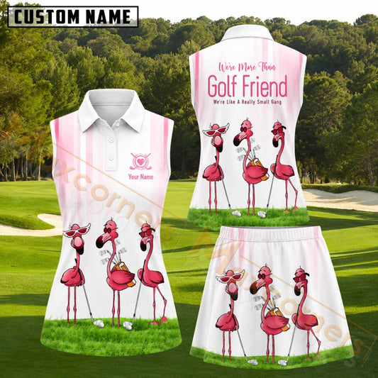 Maxcorners White Pink Flamingo Golf Friends Personalized Name 3D Golf Shirt and Golf Skirt