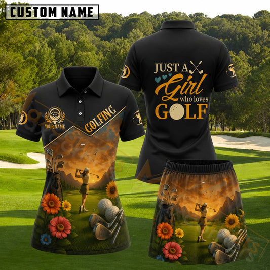 Maxcorners Black Orange Sunset Floral Female Golfer Personalized Name 3D Golf Shirt and Golf Skirt