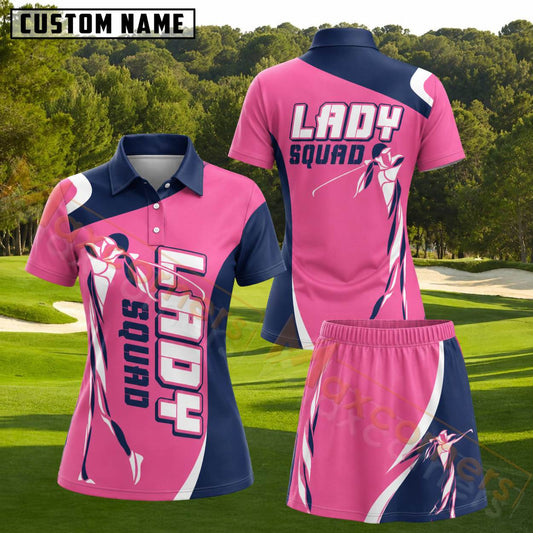 Maxcorners Pink Navy Blue Lady Squad Female Golfer Personalized Name 3D Golf Shirt and Golf Skirt
