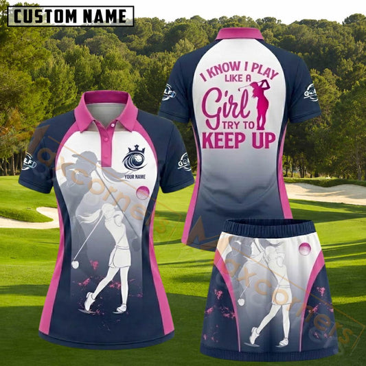 Maxcorners Navy Blue Pink White Female Golfer Keep Up Personalized Name 3D Golf Shirt and Golf Skirt