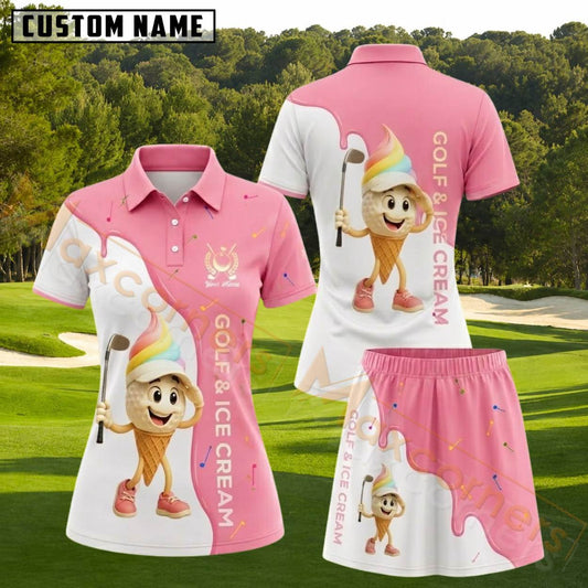 Maxcorners Pink White Ice Cream Golfer Personalized Name 3D Golf Shirt and Golf Skirt