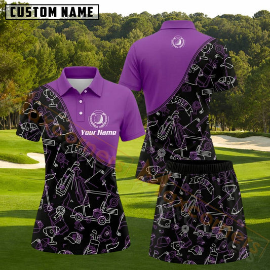 Maxcorners Purple Black Golf Doodle Pattern Personalized Name 3D Golf Shirt and Golf Skirt
