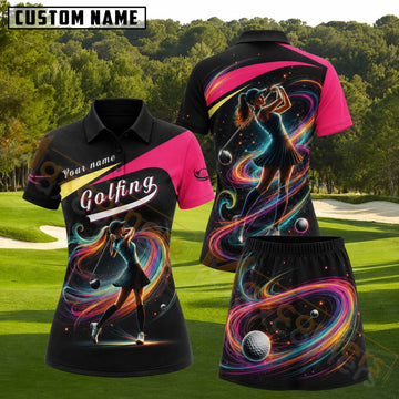 Maxcorners Black Hot Pink Rainbow Swirl Female Golfer Personalized Name 3D Golf Shirt and Golf Skirt