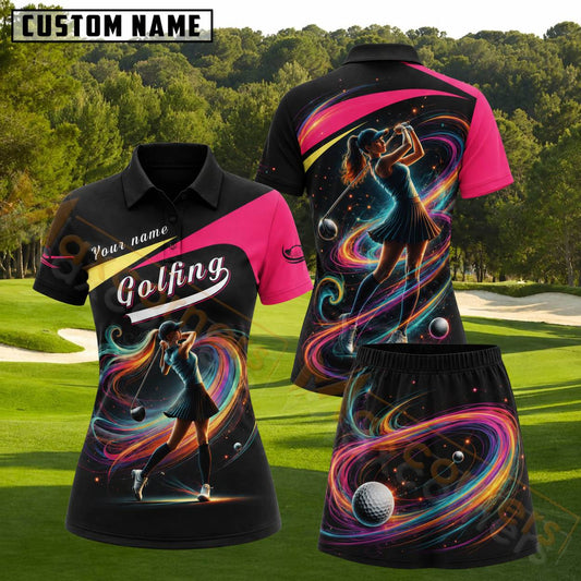 Maxcorners Black Hot Pink Rainbow Swirl Female Golfer Personalized Name 3D Golf Shirt and Golf Skirt