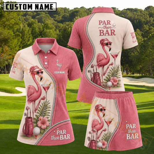 Maxcorners Pink Beige Flamingo Par Then Bar Floral Personalized Name 3D Golf Shirt and Golf Skirt