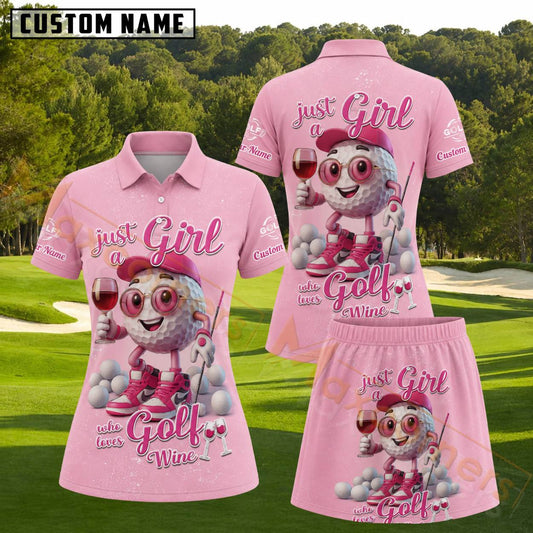Maxcorners Pink Golf Ball Girl Wine Lover Personalized Name 3D Golf Shirt and Golf Skirt