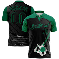 MaxCorners Black Kelly Green 3D Pattern Customized Name 3D Bowling Polo Shirt For Men