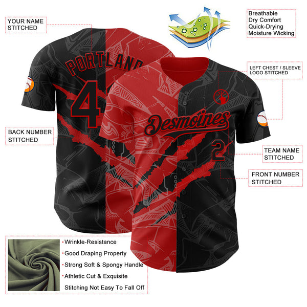 Maxcorners Custom Graffiti Pattern Black-Red 3D Scratch Premium Baseball Jersey LM0210