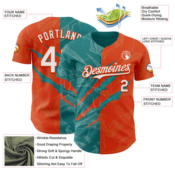 Maxcorners Custom Graffiti Pattern White Orange-Teal 3D Scratch Premium Baseball Jersey LM0210