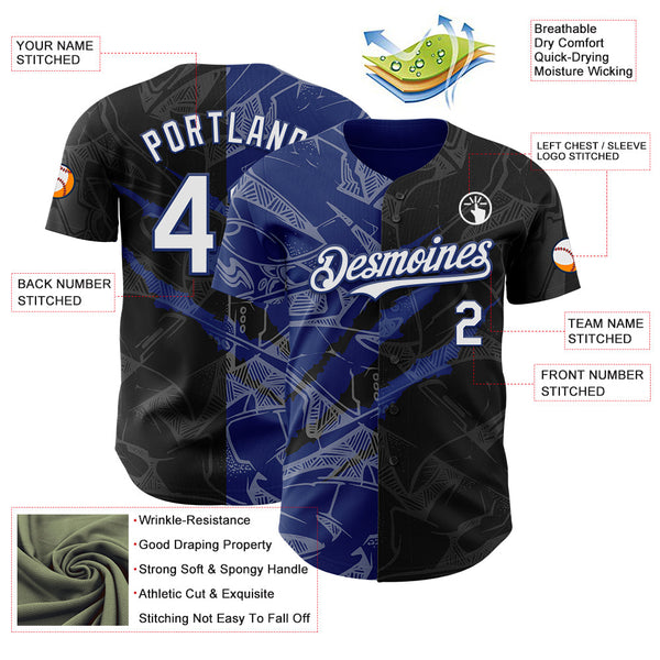 Maxcorners Custom Graffiti Pattern White Black-Royal 3D Scratch Premium Baseball Jersey LM0210
